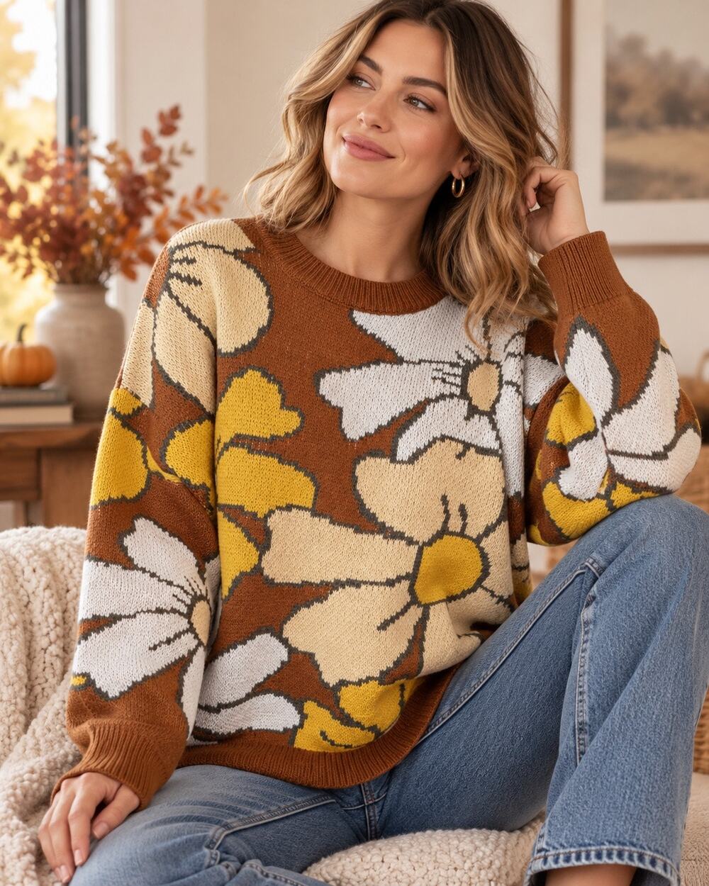Pink Lily Floral Sweater Womens M Brown Mustard Daisy Oversized Crewneck